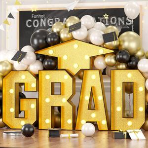 FunHot Marquee Light Up Letters, 3.4 FT Large Grad Light Up Letters, Gold Grad Marquee Letter with Lights Mosaic Frame Letter Pre-Cut Cardboard Hat for Anniversary Graduation Decorations Class of 2026
