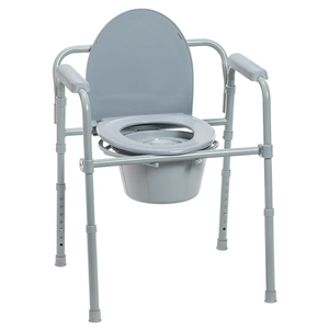 Drive Medical 11148-1 Folding Steel Bedside Commode Chair, Portable Toilet, Supports Individuals Weighing Up To 350 Lbs, with 7.5 Qt. Bucket and 13.5 Inch Seat, Grey