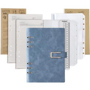 DY.2ten Refillable Notebook Set with PU Binder Cover - 6 Hole & Loose Leaf - 87 Sheets (174 Pages) of Lined Paper + A5 Zipper Binder Pockets + 3-fold Pouch + Index Note Tabs (Blue)