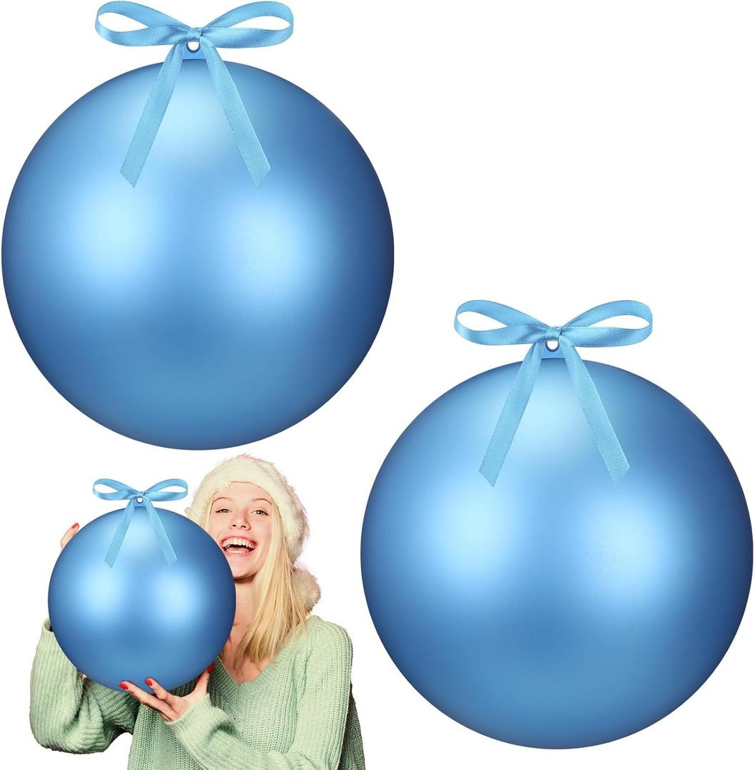 Zubebe 2 Pcs 8" Giant Fillable Christmas Ornaments with Ribbons Oversized Plastic Xmas Balls for Outdoor Lawn Yard Decor, Tree Hanging, Holiday Gifts(Matte Light Blue)