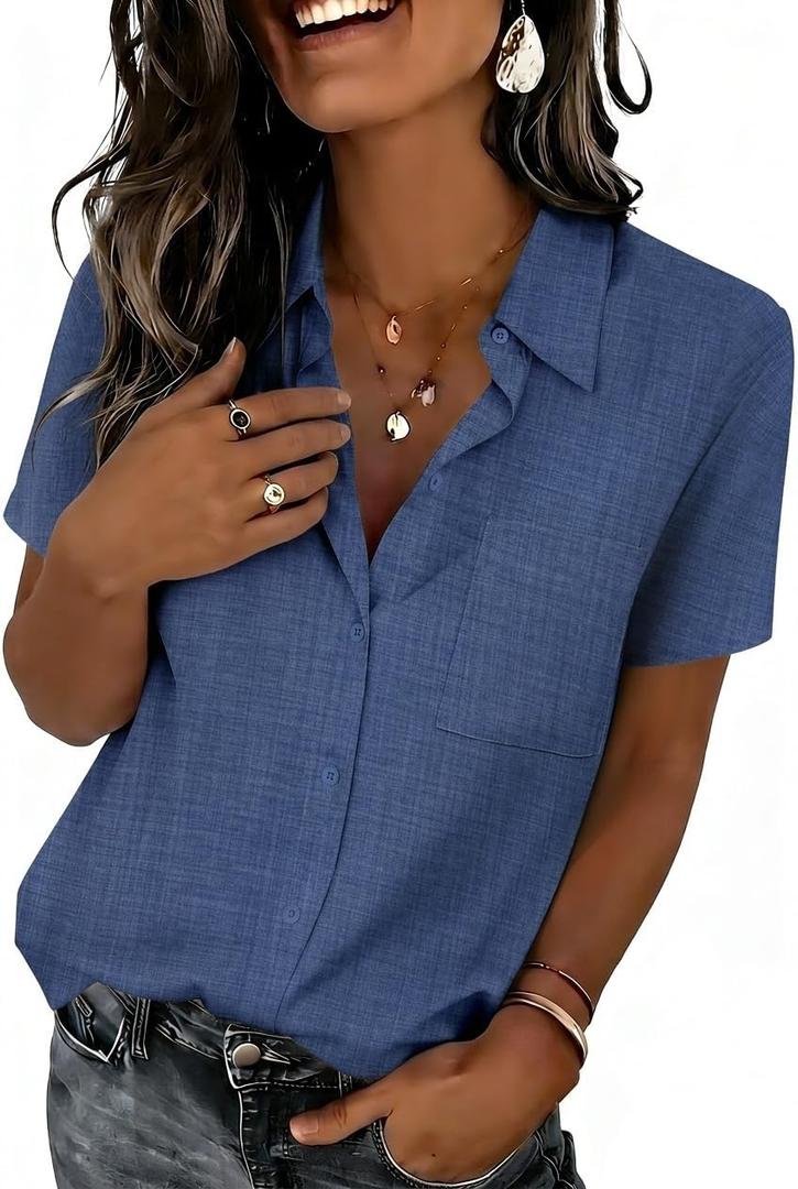 Zeagoo Women Blouses Short Sleeve Button Down Shirts Business Casual Dressy Work Tops Summer Spring Clothes (X-Large, Navy Blue)