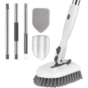 SetSail Floor Scrub Brush, 3-in-1 Tile Tub Floor Scrubber with 52-inch Adjustable Long Handle Shower Cleaner Brush and 3 Detachable Replacement Brush Heads for Cleaning Bathroom Tub Tile, White Grey