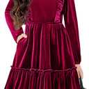 Arshiner Girls Dress Long Sleeve Ruffled Hem Casual Velvet Dress with Pockets 5-14 Years (9-10 Years, Dark Red)
