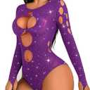 Avidlove Women's Lingerie Rhinestone Fishnet Bodysuits Sexy Body Suit Mesh Top Rave Outfits One Piece Teddy Lingerie (Purple)