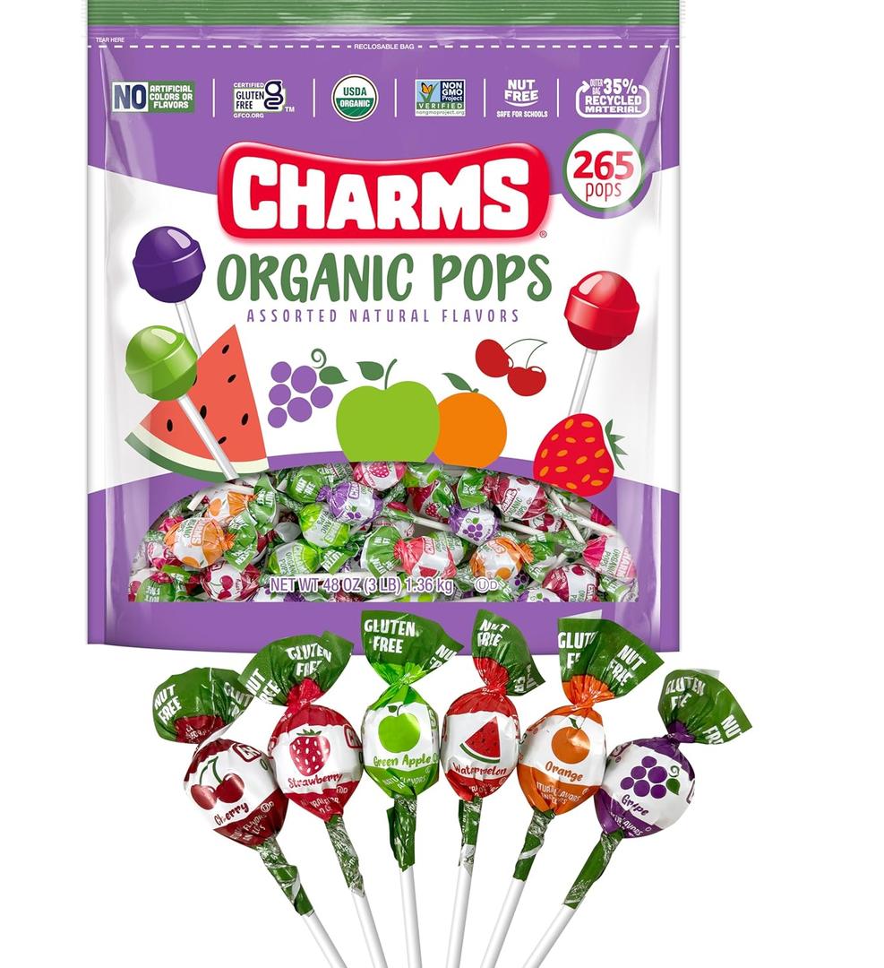 Charms Organic Pops (265 Count) USDA Organic Fruit Candy Lollipops Made with All Natural Flavors and Ingredients Dye-Free, Gluten- Free, Non-GMO, 3 lb Resealable Bag