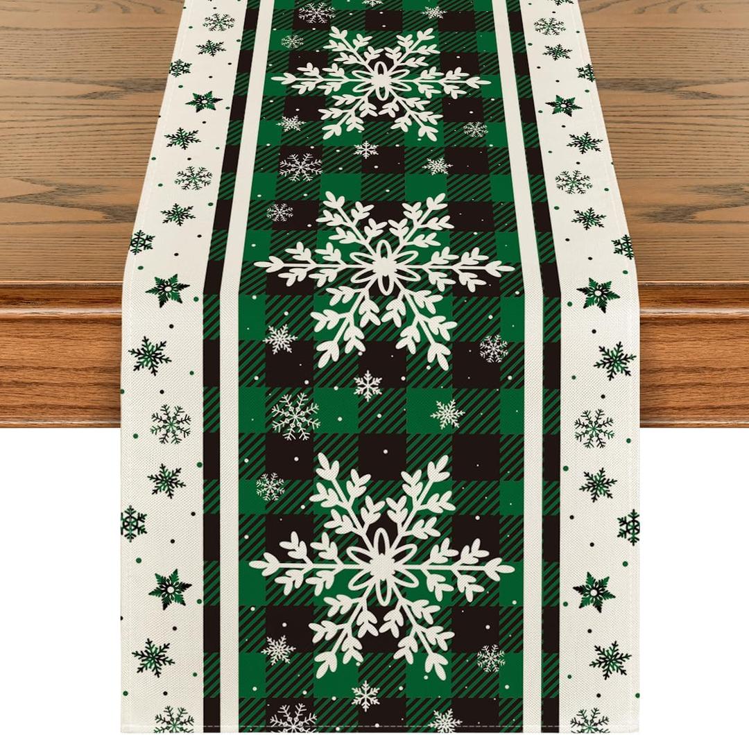 Artoid Mode Green Buffalo Plaid Snowflakes Christmas Table Runner, Seasonal Winter Kitchen Dining Table Decoration for Home Party Decor 13x108 Inch