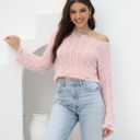2025 Fall Cropped Sweater for Women Off The Shoulder Pullover Fluffy Knit Fashion Crop Top Holes Design (Pink, L)