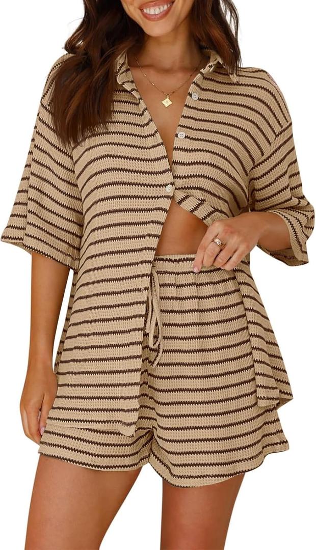Striped Sets Women 2 Piece Outfits Button Down Shirt and Shorts Waffle Knit Lounge Set Matching Pajamas (Medium, Khaki)