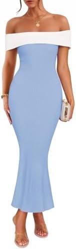 ZESICA Women's 2025 Summer Off The Shoulder Ribbed Knit Sweater Dresses Sleeveless Color Block Party Bodycon Maxi Dress, Large 