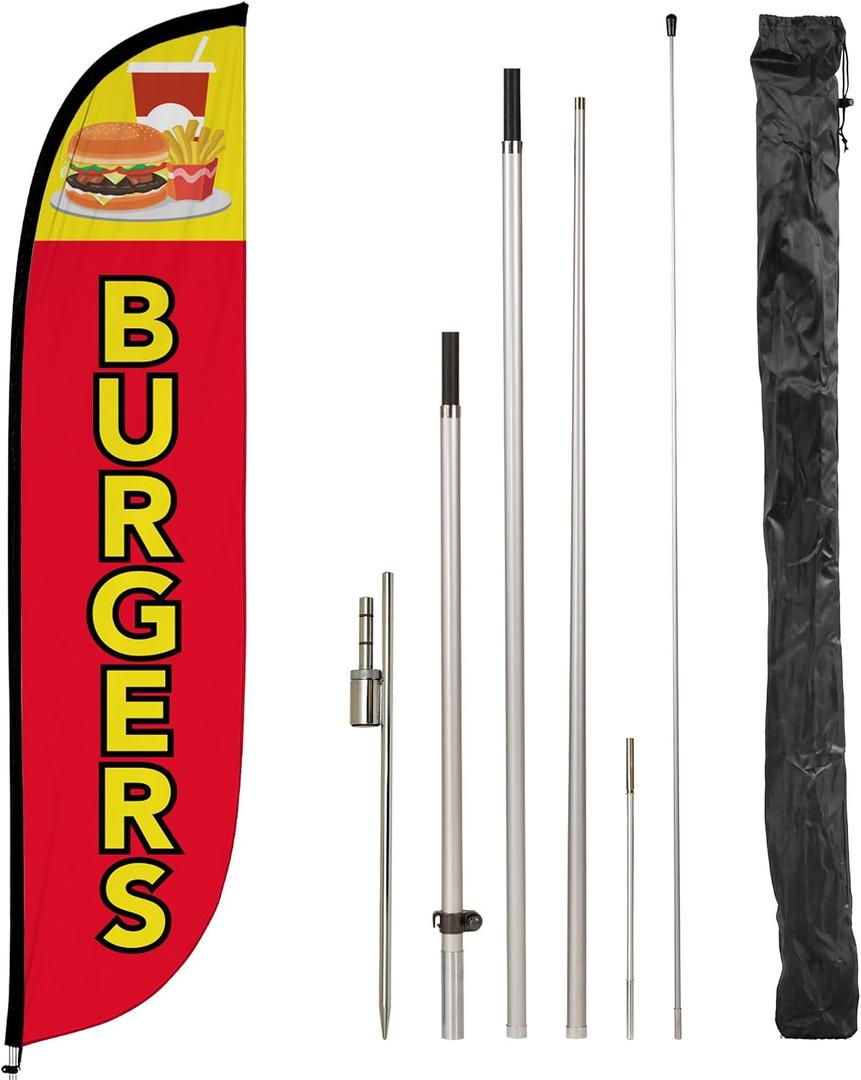 LookOurWay Feather Flag Pole Kit - 12 Feet Tall Advertising Flag Banner with Fiberglass Pole Kit and Ground Spike for Business Promotion - Food & Restaurant Flags - Burgers (10M1200133)