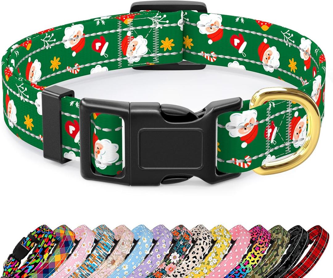 2 x Reflective Dog Collar, Cute Christmas Style Dog Collar for Small Dogs, Soft Nylon Puppy Collar for Boy and Girl Female Dog, Adjustable Heavy-Duty Pet Collars with Quick Release Buckle, Green (S (Neck 10-16", Width 3/4"))