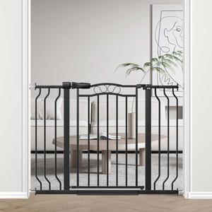 Fairy Baby 29.5"-43.7" Extra Wide Baby Gate for Stairs, Pressure Mounted Dog Gate for Doorways, Auto Close Metal Pet Gate with Arch Design for Puppy, No Drill Child Gate with Walk Thru Door, Black