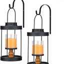 Metal Wall Sconce Candle Lantern Set of 2 - Black Wall Mounted Wood and Metal Hanging Holder with Glass & Candles Vintage Wall Decor for Porch, Living Room, Dining Room, Bedroom Indoor Decor (Round)