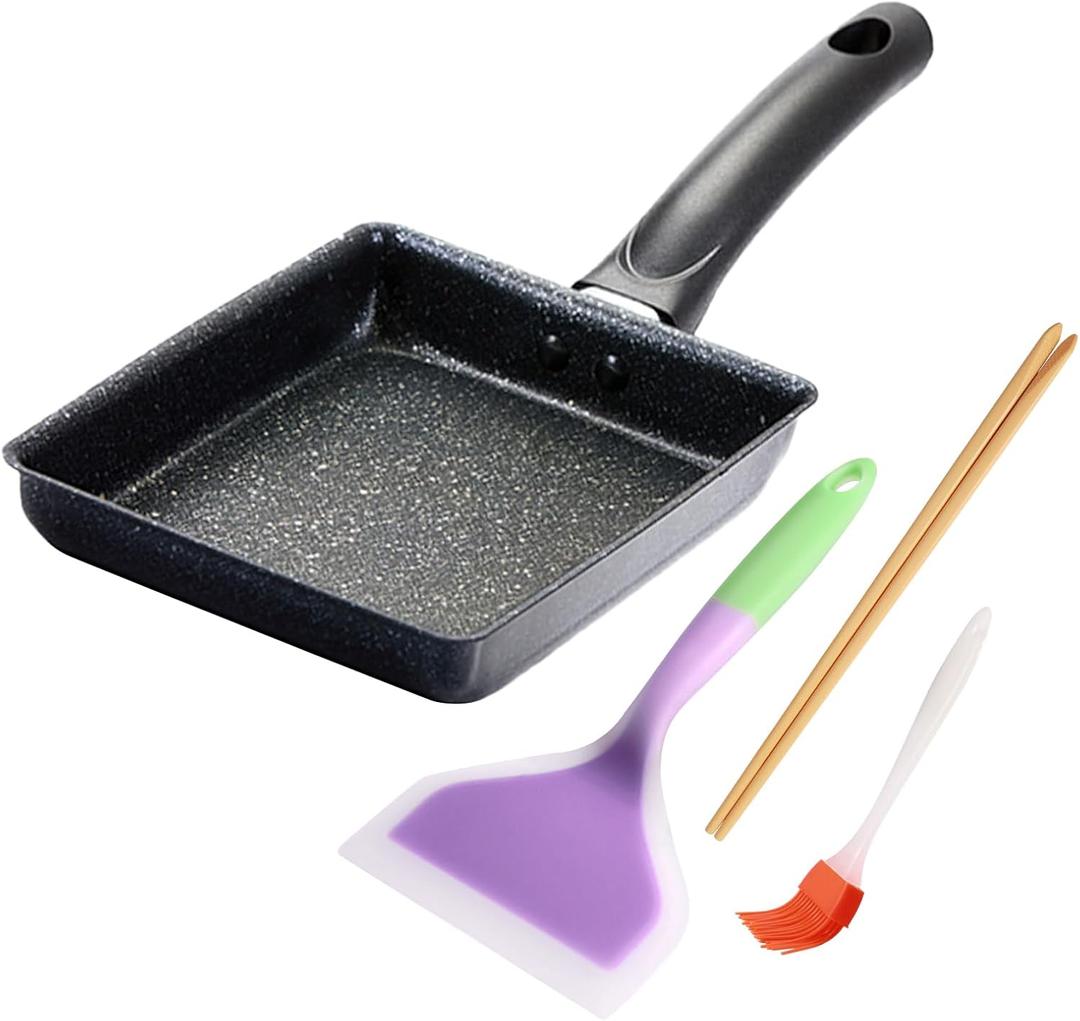 LOQJSS Tamagoyaki Pan Non Stick Japanese Omelette-Pan,Cast Iron Rectangle TamagoPans Small FryingPan, Tamagoyaki Eggs-Pans-Omelette-Pans - with Silicone Brush, Chopsticks & Spetula