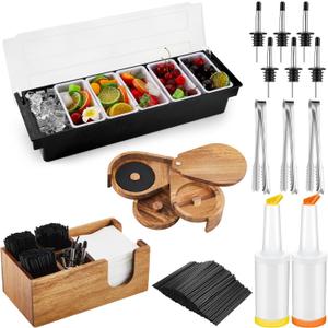 Mifoci Bartending Supplies 6 Compartments Garnish Tray with Lid Bar Caddy 3 Tier Glass Rimmer Stainless Steel Bottle Pourers Juice Pouring Cocktail Tools Wood Serving Accessories