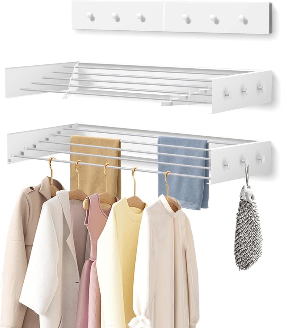 Wall Mounted Foldable, Space Saving Clothes Drying Rack with Knob, 60 lbs Capacity, for Laundry (31.5" White)