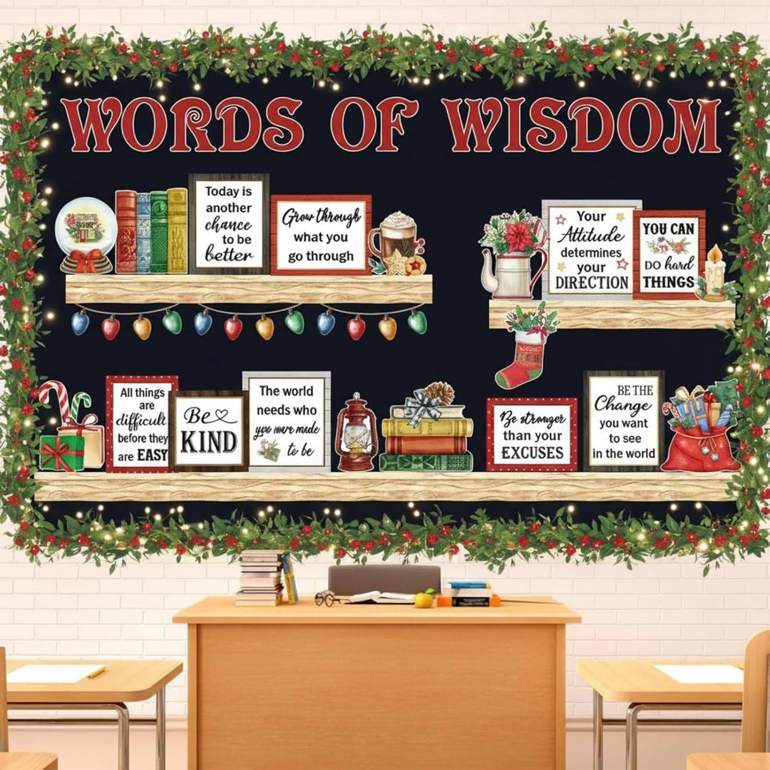 Qilery Christmas Bulletin Board Decorations Set – Holiday Words of Wisdom Wall Cutouts with Inspirational Quotes, Classroom Christmas Decor for Teachers, Office, Home, Winter Party Supplies
