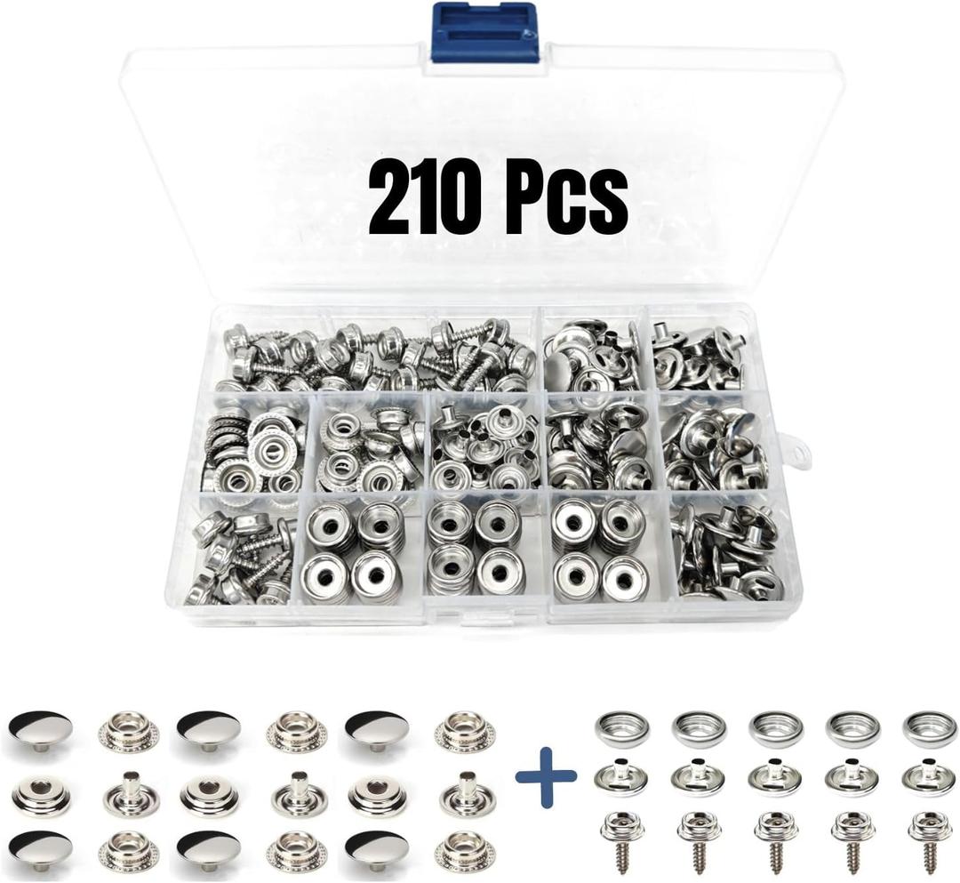 Stainless Steel Snaps, 210Pcs Marine Grade 15mm Snap Button Mixed with Screws & Press Stud Buttons, for Boat Canvas/Cover/Carpet/Cushion/Leather/Upholstery Snaps Replacement