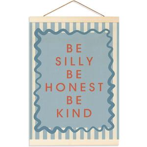 Inspirational Wall Art Banner for Toddler Room Decor, Preppy Blue Striped Poster, Teenage Boy's Room Decor, Playroom, and Bedrooms, Be Silly Be Honest Be Kind Flag Banner