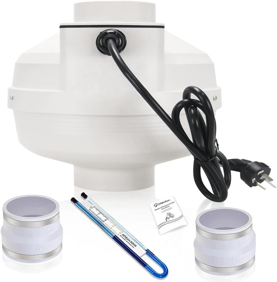 4 inch Radon Fan Installation Kit -Inline Centrifugal Fan with Rubber Couplers (4 inch x 3 inch) and Air Pressure Indicator (260CFM)