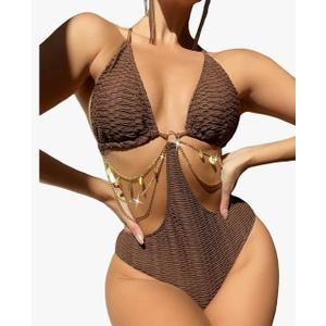 OYOANGLE Women's Chain Linked Cut Out Halter One Piece Swimsuit Tummy Control Bathing Suit, Medium