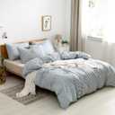 JELLYMONI 100% Natural Cotton 3pcs Striped Duvet Cover Sets,White Duvet Cover with Grayish Blue Stripes Pattern Printed Comforter Cover,with Zipper Closure & Corner Ties(Full Size)