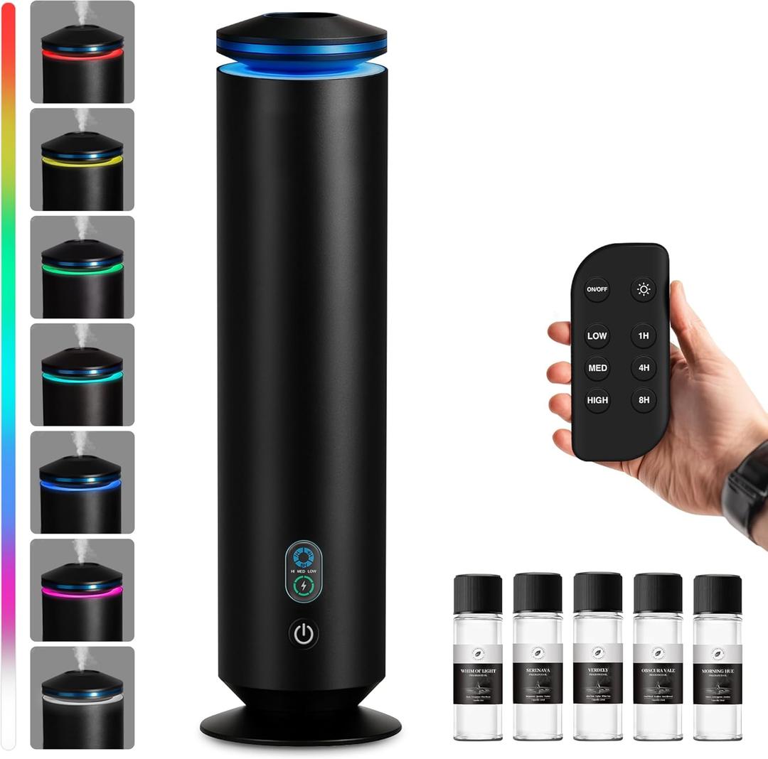 Waterless Scent Diffuser Starter Kit - 1500 Sq Ft Coverage, Scent Diffuser for Home, Hotel, Studio, Essential Oil Diffuser Large Room, 7 Mood Lights Setting, 5 Essential Oils Included, Black, 11.50In