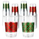 100 Pcs Christmas Plastic Cups 16 oz Xmas Red and Green Plaid Disposable Plastic Cups Christmas Clear Cocktail Glasses for Wedding Winter Candy Beverage Juice Drinking Snacks Coffee Party Supplies