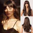 Honygebia Dark Brown Wig with Bangs - Long Wavy Brunette Wigs for Women, Chocolate Brown Synthetic Heat Resistant Hair, Natural Looking Long Brown Wig - Best Wigs for Halloween/Christmas/Party