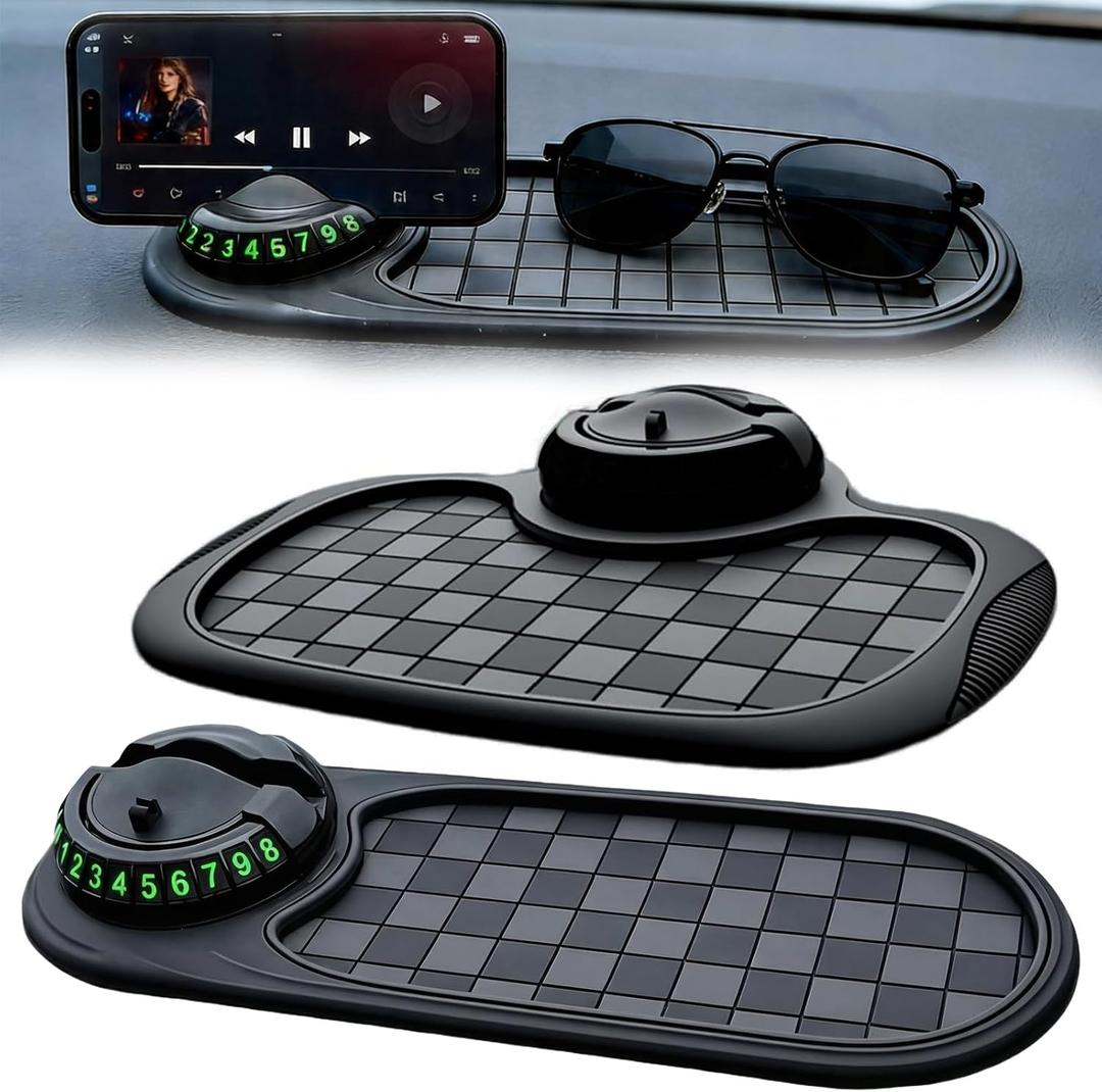 2 PCS Multifunctional Car Anti-Slip Mat, Anti Slip Mat for Car Dashboard | Including Temporary Parking Number & 360° Rotatable Phone Holder, Organizer Pad for Phones, Keys, Sunglasses(Black, Grey)