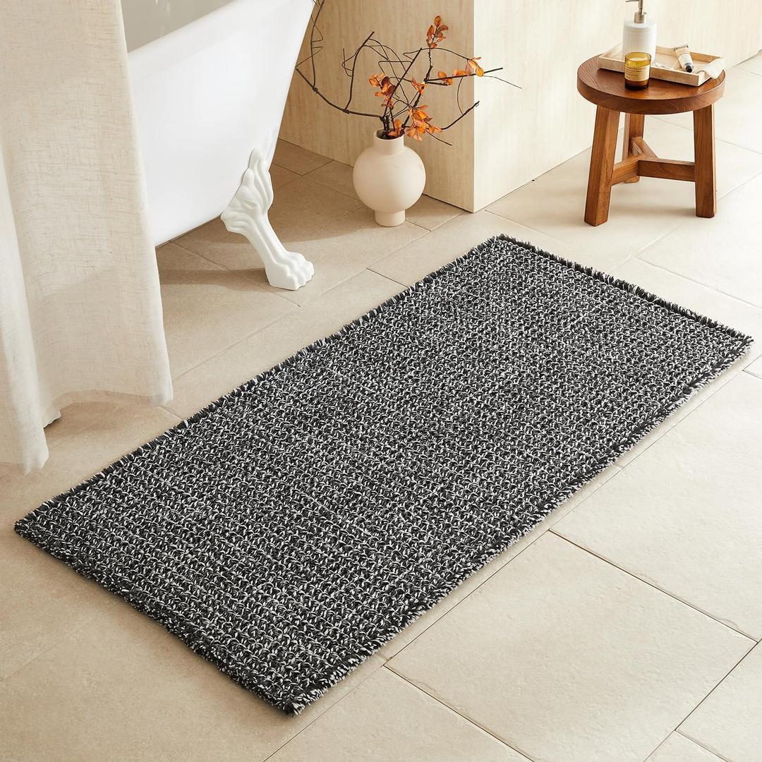 Black and White Bathroom Rugs, Waffle Bath Mat Non Slip Washable Super Absorbent Quick Dry Boho Farmhouse Bathroom Decor, 48"x24" Black and White