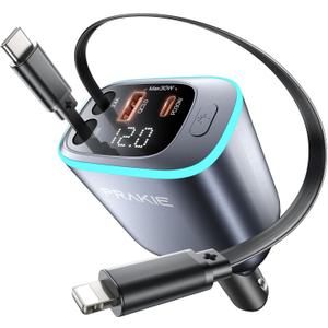 iPhone Car Charger, Retractable Fast USB C Phone Charger, 4 in 1 Cigarette Lighter Adapter with 2 Cables 25 Inch and 2 USB Ports, Multi Port USB Car Charging for iPhone 17/16/15/14/13/Pro Max (Grey)