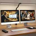 LED Desk Lamp for Home Office, Remote Control Computer Desk Light Bright Table Lamp for Study Dimmable Desktop Lighting with Clamp Adjustable Gooseneck, Double Head, 24W, Black