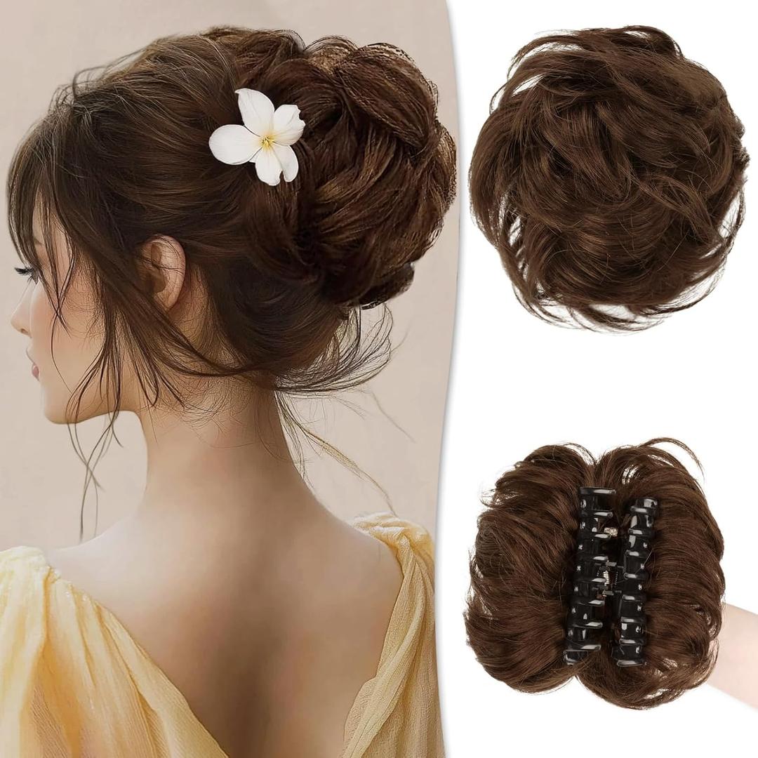 RUWISS Claw Clip Messy Bun Hair Piece Real Human Hair Buns Wavy Curly Chignon Hair Bun Extensions Updo Hair Buns Claw Clip Ponytail Hairpieces Hair Scrunchie for Women, Medium Brown 2 (40g)