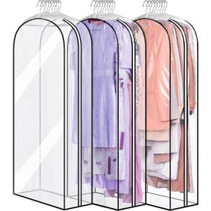 MISSLO 10" Gusseted All Clear Garment Bags for Hanging Clothes 50" Dress Bags for Closet Storage Coat Protectors for Suits, Gowns, 3 Packs