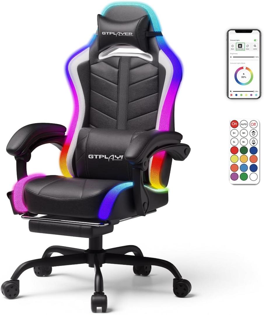 GTPLAYER Gaming Chair, Computer Chair with RGB LED Lights, High Back Ergonomic Chair for Adults with Footrest and Linkage Armrests& Headrest Lumbar Support (with Bluetooth Speakers)
