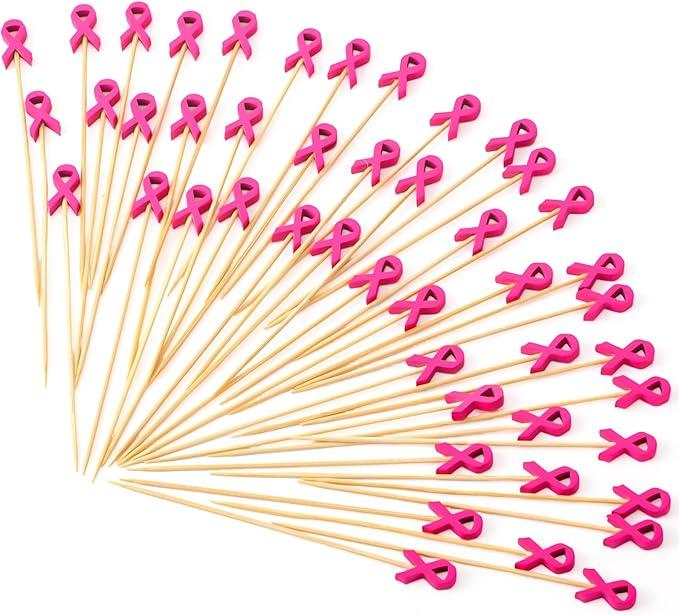 Chengu 400 Pcs Breast Cancer Awareness Cocktail Picks 4.7 Inch Pink Ribbon Bamboo Toothpicks Sandwich Appetizer Fruit Sticks for Cupcakes, Bbq, Fruit, Appetizers, Finger Foods Fundraising Events