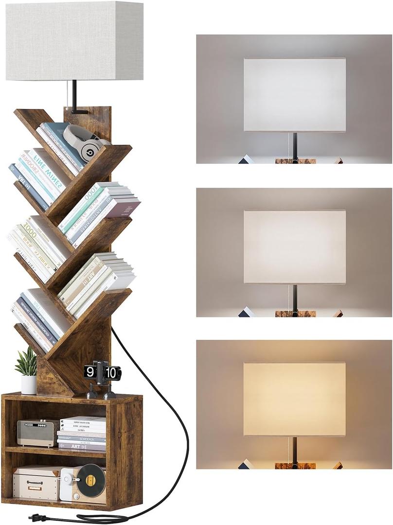 6 Tier Tree Bookshelf with Light Small Bookcase with Storage Cabinet, Modern Tall Narrow Bookshelves Organizer, Floor Standing Book Shelf for Bedroom/Living Room/Home Office/CDs/Movies/Corner