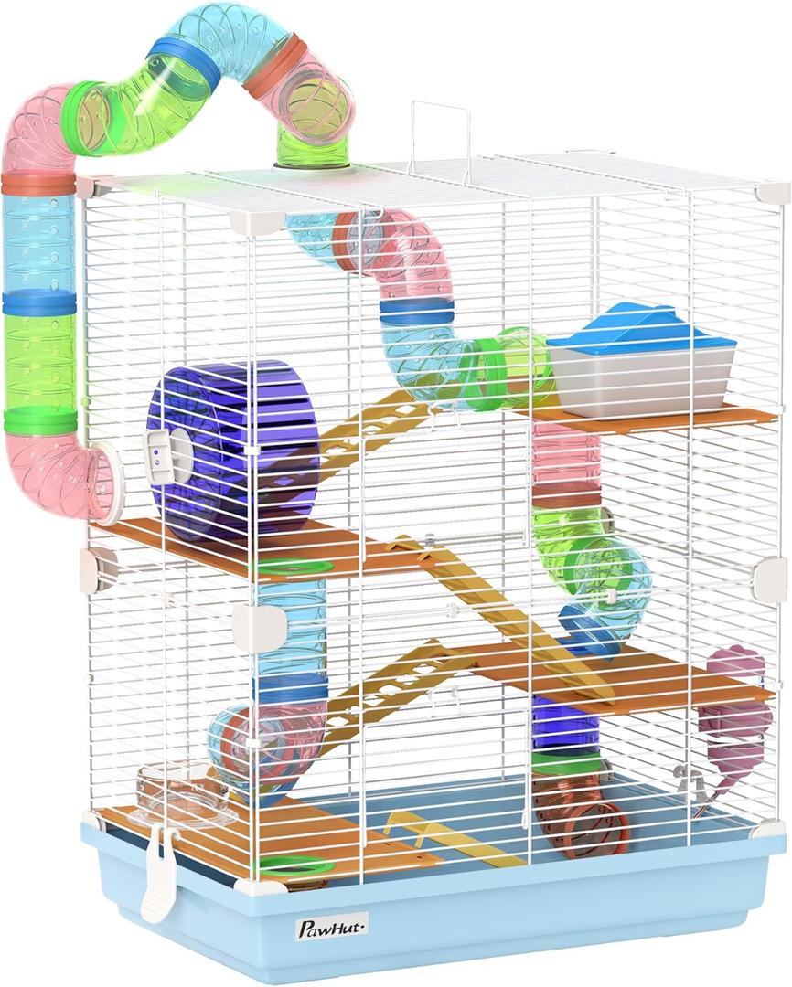 PawHut 18" 5 Tier Hamster Cage with Tubes and Tunnels, Small Animal Cage with Portable Carry Handle, Gerbil Cage with Water Bottle, Food Dish, Exercise Wheel, Light Blue
