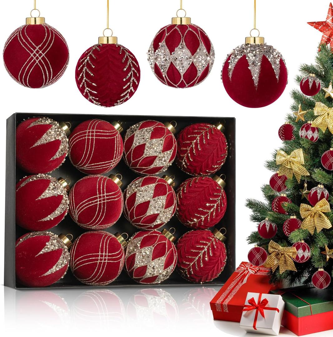 12-Pack Velvet Christmas Ball Ornaments - 80mm/3.15 in Flocked Red Christmas Ornaments Hanging Shatterproof Plastic Ball Decorations for Xmas Tree, Holiday, Wedding, Party