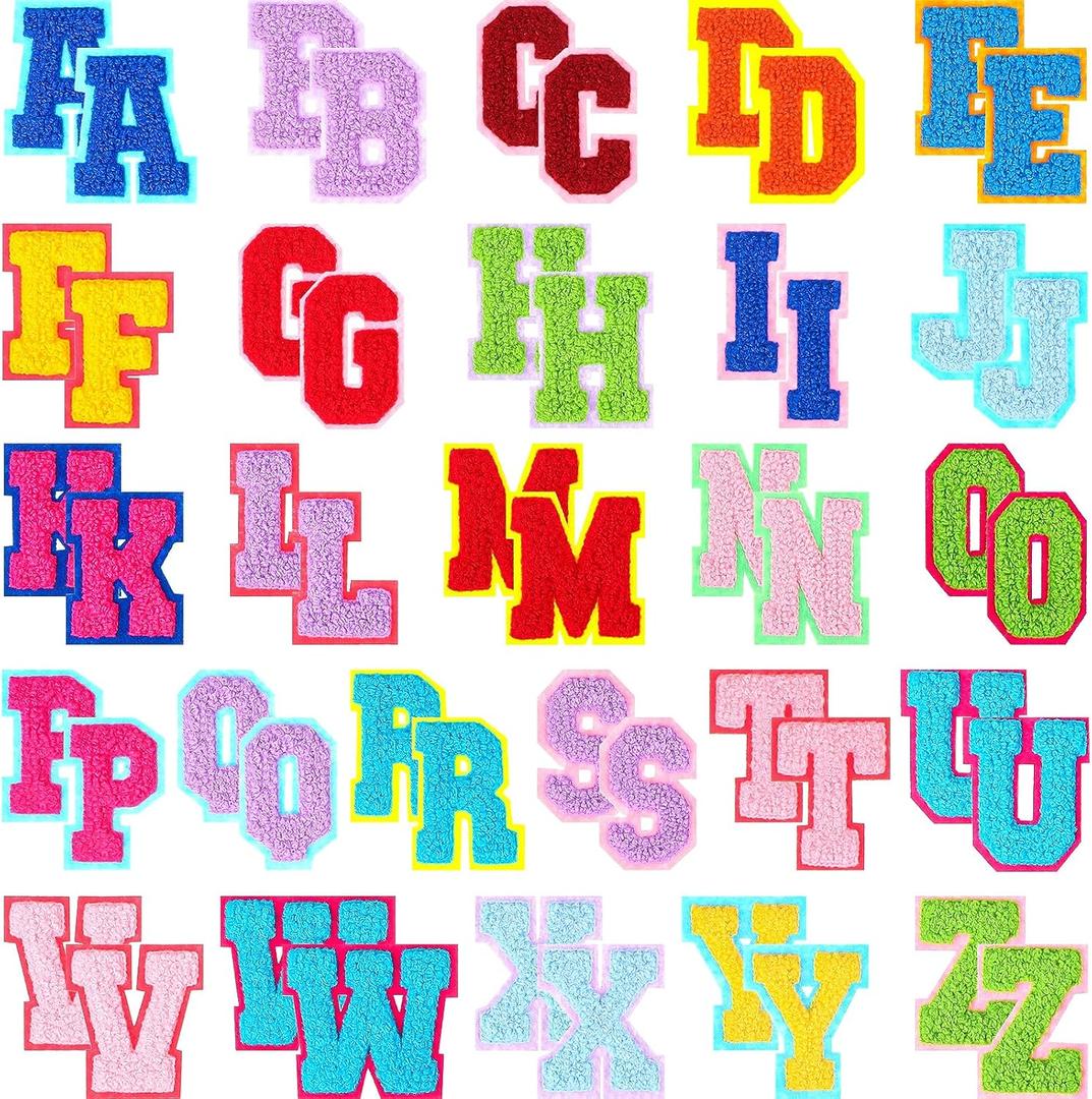 CHENGU 52 Pieces Chenille Letter Patches A-Z Alphabet Iron on Patches Bulk Gold Glitter Border Repair Embroidered Patch for Clothing Caps Sweaters Bags Jackets Shirt(Multicolor, Elegant Style)