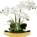 Briful Orchids Artificial Flowers 15" White Phalaenopsis Orchid with Gold Pots Real Touch Faux Orchid Flower for Home Office Bedroom Table Centerpiece Desk Decor