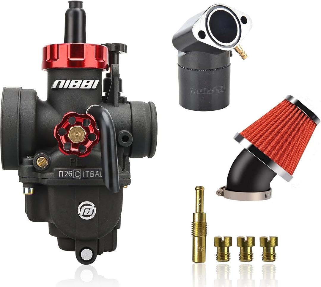 nibbi Motorcycle Carburetor PE26mm 100CC 125CC 150CC Carburetor Kit With GY6 Intake Manifold 48mm Air Filter Fit Honda Yamaha Suzuki Kawasaki Motorcycle Scooter ATV Dirt Bike 100CC-150CC GY6 Engine