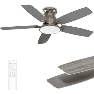 Flush Mount Ceiling Fan with Light, 42 Inch, Remote Control, 3CCT Dimmable LED, 6-Speed Silent Reversible DC Motor, Low Profile Hugger Ceiling Fan for Indoor/Outdoor 90-264V 50/60Hz Brushed Nickel