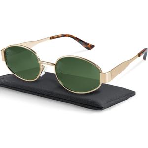 livho Retro Polarized Sunglasses - UV400 Protection, Oval Shape, Metal Frames - Matching Soft Case Inlcuded (Green/Gold)