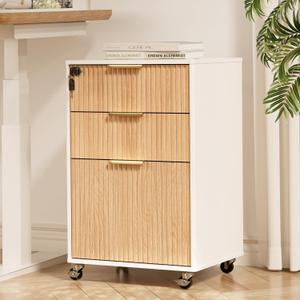 3 Drawers Fluted Mobile File Cabinet with Lock, Rolling File Cabinet Printer Stand Table, Under Desk Wooden Filing Cabinets for Home Office Essentials Storage Organization Furniture Letters/A4(Oak), 16.5 inches x 16.5 inches x 28 inches