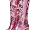GOSERCE Cowboy Boots for Women - Metallic Mid Calf Cowgirl Boots with Embroidery Sparkly Western Wide Calf Short Boots Fashion Pull on Pointy Toe Chunky Stacked Heel 2.5" (8, A-pink)