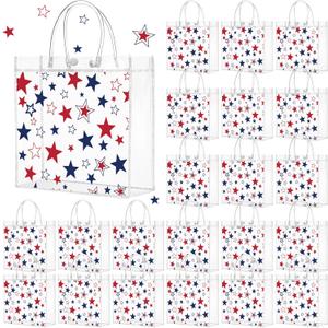 Kosiz 24 Pcs Patriotic Gift Bags Patriotic Party Favors Red White Blue American Star Clear PVC Gift Bags, Memorial Day Independence Day 4th of July with Handle for USA Party Supplies
