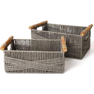 LA JOLIE MUSE Wicker Storage Baskets for Organizing, Recyclable Paper Rope Basket with Wood Handles, Decorative Hand Woven Basket Organizers for Makeup Books Shelves Living Room, Grey, Set of 3