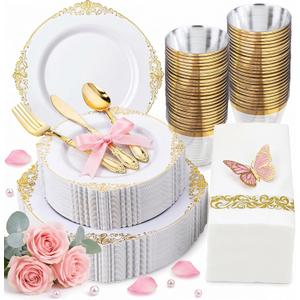 Morejoy 350PCS White and Gold Plastic Plates - Gold Plastic Dinnerware Set Include 50Dinner Plates, 50Dessert Plates 150Cutlery, 50Cups, 50Napkin Perfect for Party & Wedding &Mother's Day